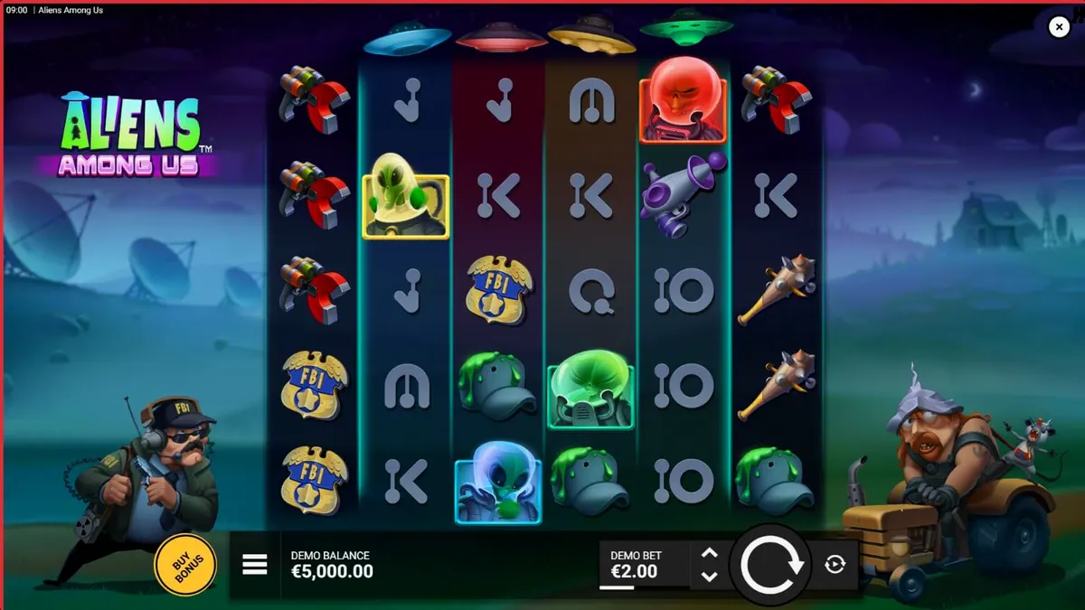 Aliens Among Us slot game interface showing alien characters and FBI agents